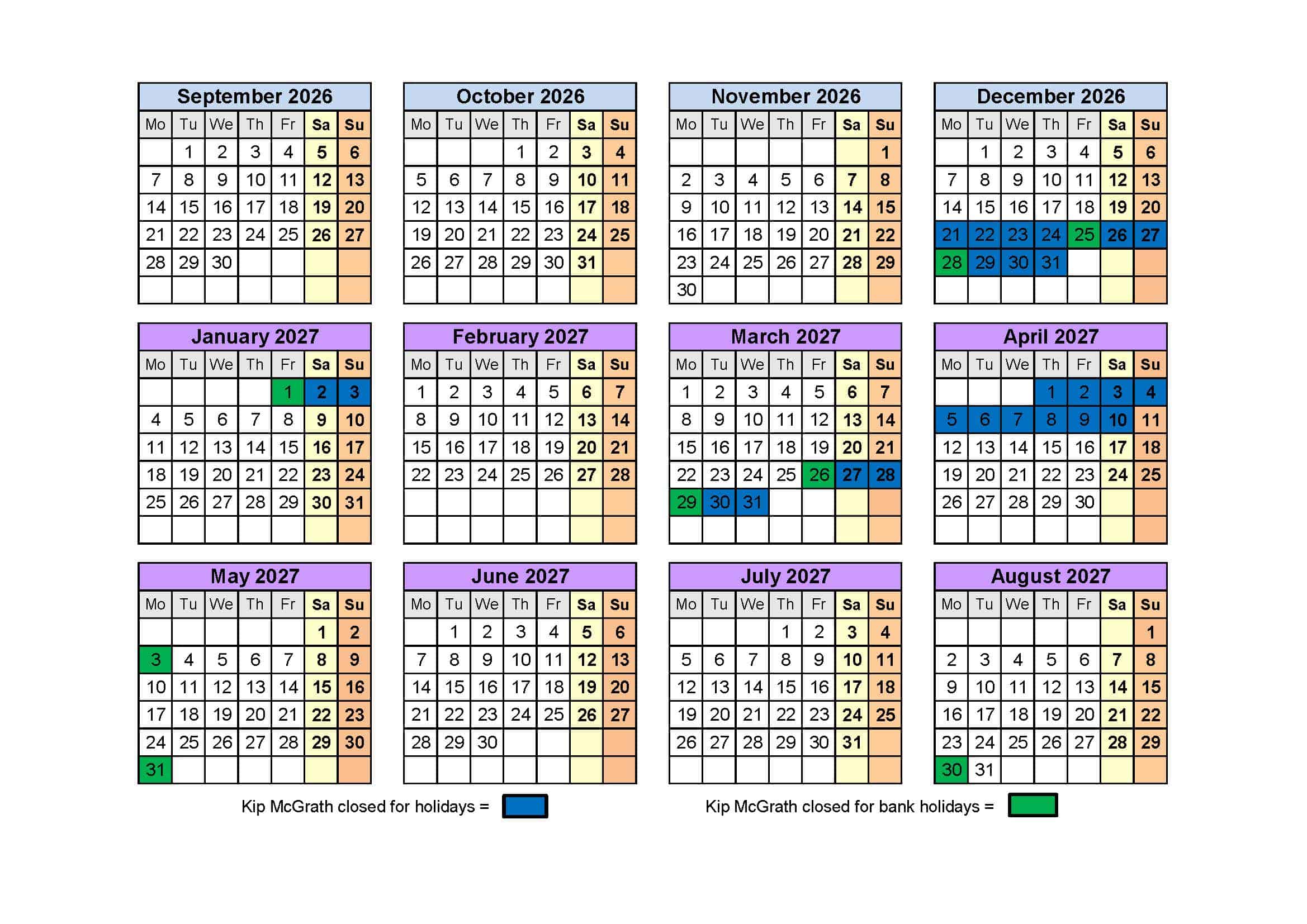 Kip McGrath Billericay & Wickford — Academic Calendar 2026 to 2027