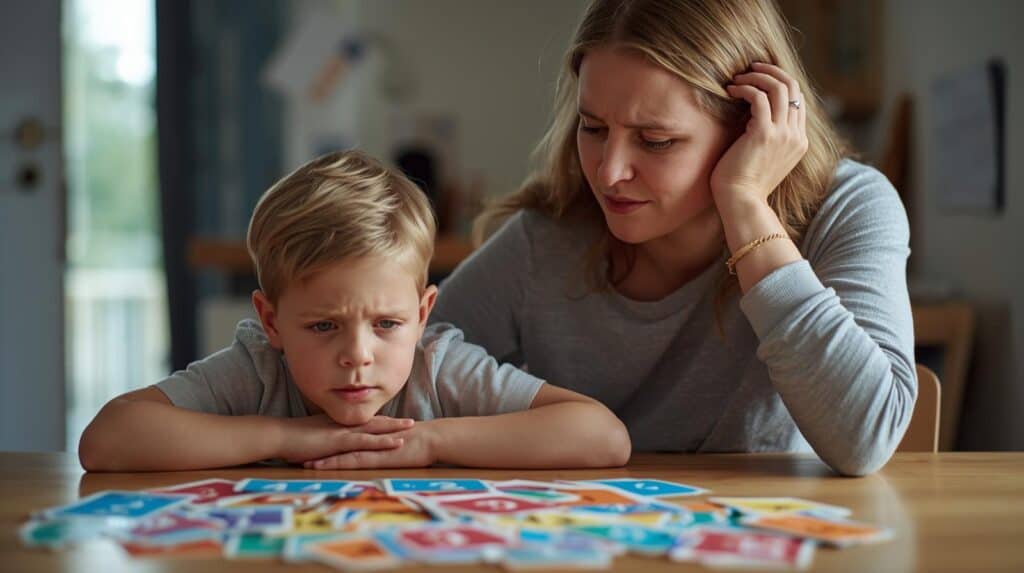 Young child looking frustrated about his timestables. His concerned parent is trying to console him.